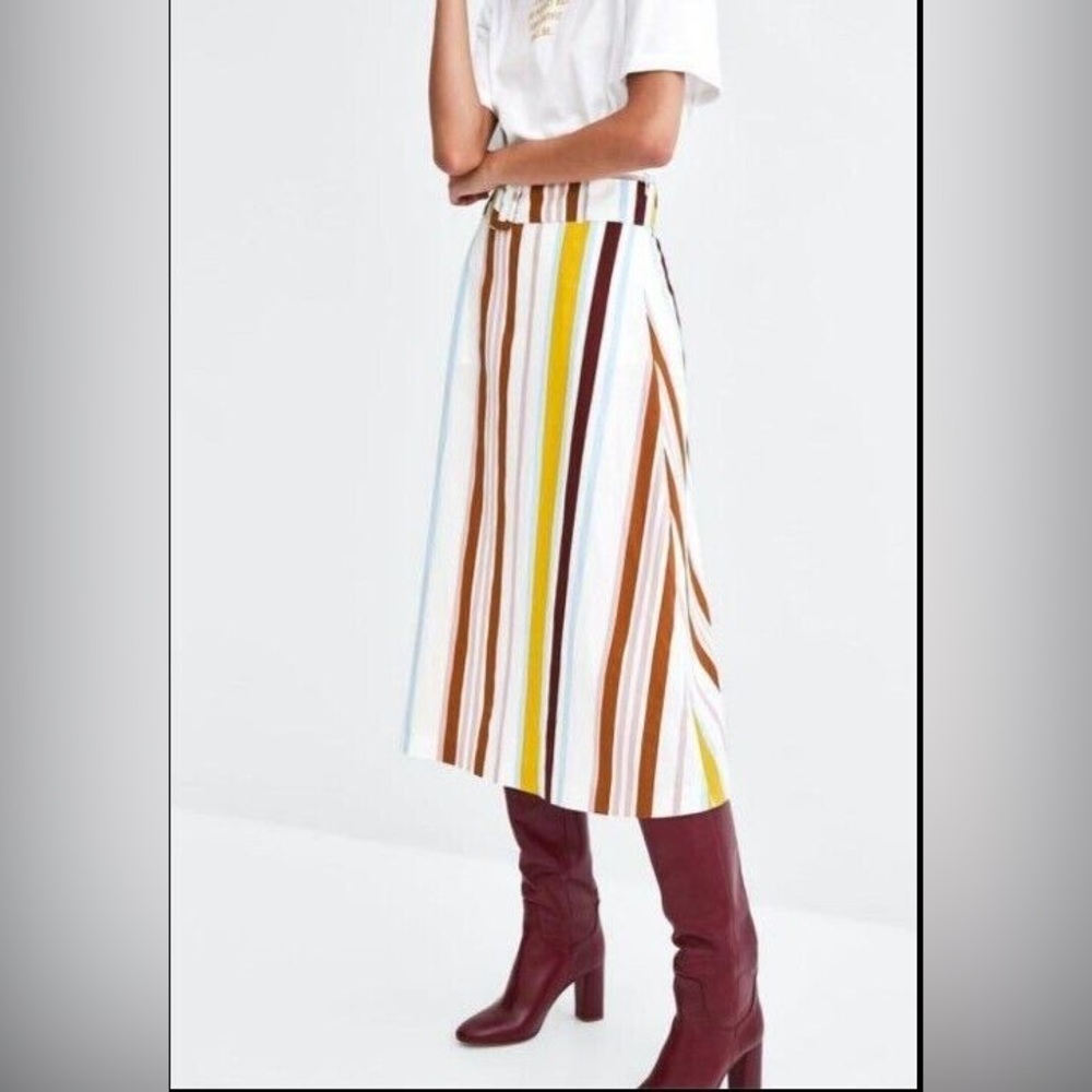 High Waisted Midi Striped Skirt Zara Belt Detail - Picture 2 of 9